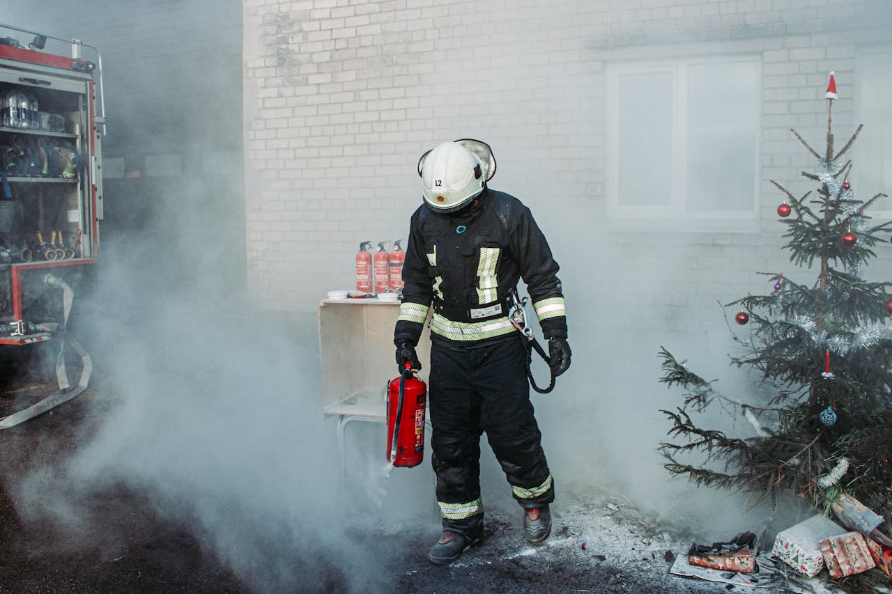 Services Firefighter controlling smoke near a Christmas tree, enhancing safety.